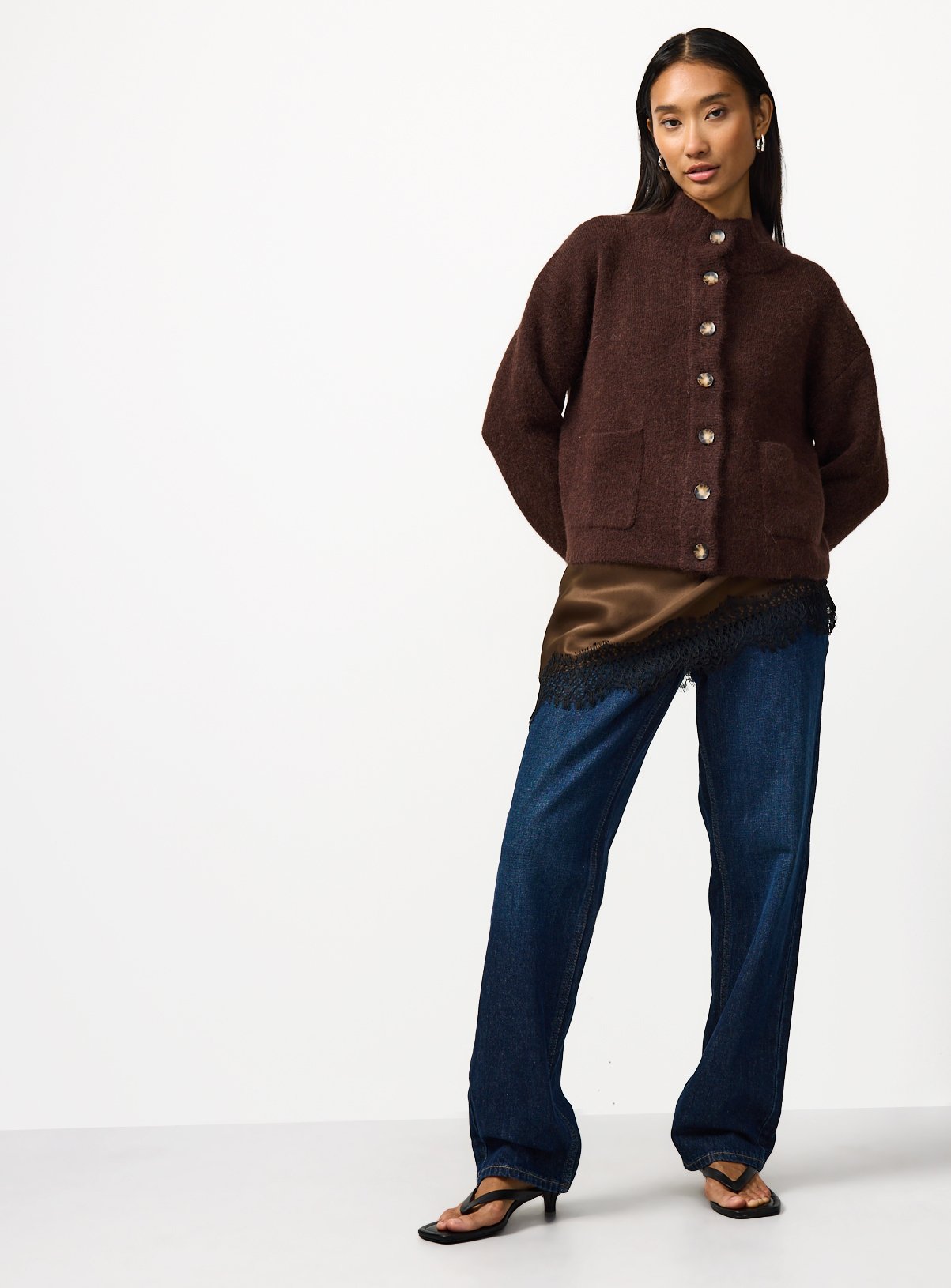 Brown Alpaca Blend Funnel Neck Cardigan L - Image 2 thumbnail